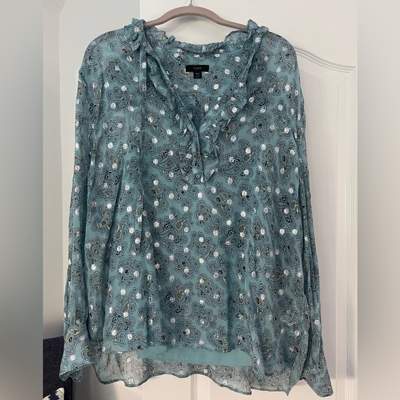 J. CREW Metallic Chiffon Ruffleneck Pop Over Top in Paisley Bunch Blue - Picture 3 of 6